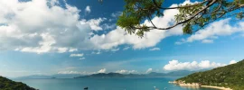 Aerial view of the beach and villas at Six Senses Ninh Van Bay