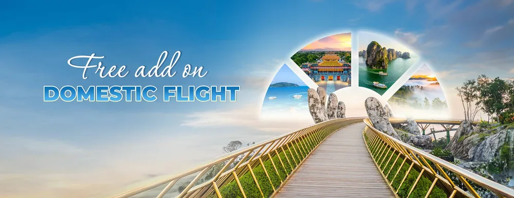 Vietnam Airlines free add-on domestic flight promotion banner over the Golden Bridge